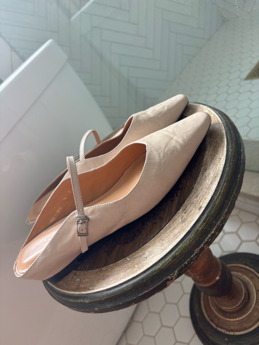 Women's Blush Leather Mary Jane Flats with Buckle Strap